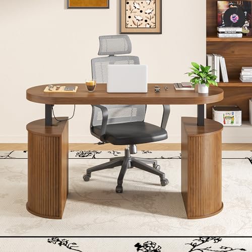 Mid Century Modern Electric Standing Desk with Storage, 55 x 22 Inch Small Sit Stand Up Desk, Wood Adjustable Height Computer Executive Desk for Home Office, Laptop, Walnut