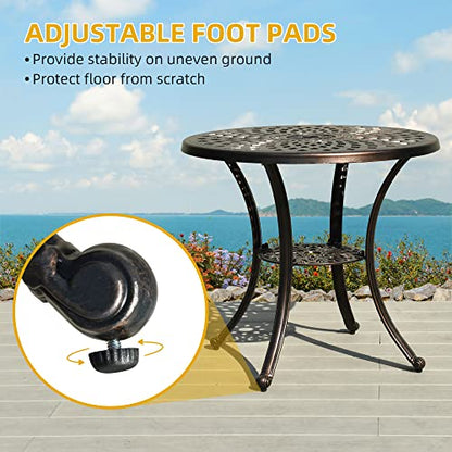 30 Inches Round Patio Dining Table with Umbrella Hole, Antique Cast Aluminum Outdoor Bistro Table Outdoor Side Table for Backyard, Garden, Patio, Porch, Hammered Bronze