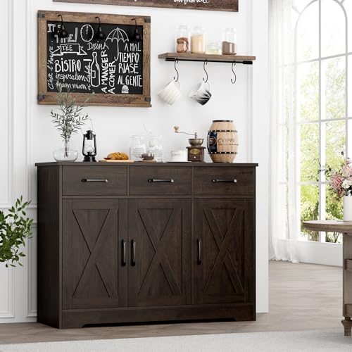 Modern Farmhouse Buffet Sideboard Cabinet, Barn Doors Storage Cabinet with Drawers and Shelves, Wood Coffee Bar with Storage for Dining Room, Kitchen, Living Room, Dark Brown