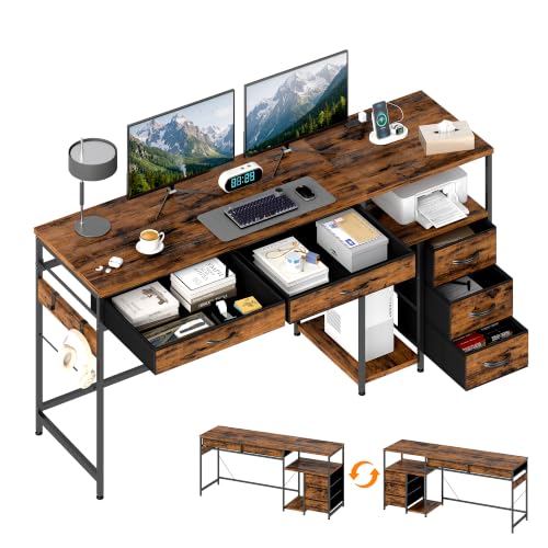 60" Computer Desk with 5 Drawers and Power Outlets, Rustic Brown, view 2