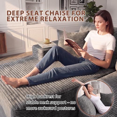110" Boneless Sectional Couch, Modular Sectional Sofa L-Shape Couch with Deep Seat, Cloud Comfy Boneless Couch for Living Room, No Assembly Required (Corduroy, Grey)