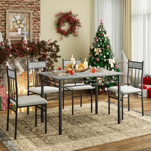 5 Piece Dining Table Set for 4, Faux Marble Kitchen Table and Chairs Set of 4, Vintage Rectangular Dining Room Table with Cushion Padded Seat, Metal and Wood Dining Set Kitchen Furniture, Grey