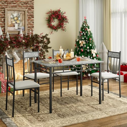 5 Piece Dining Table Set for 4, Faux Marble Kitchen Table and Chairs Set of 4, Vintage Rectangular Dining Room Table with Cushion Padded Seat, Metal and Wood Dining Set Kitchen Furniture, Grey