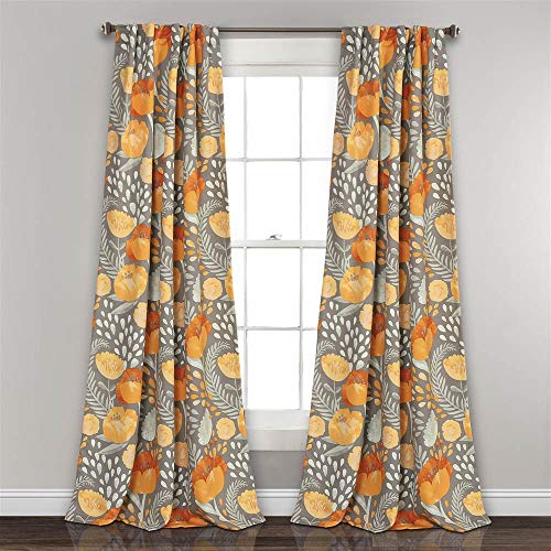 x 52” Yellow and Gray Poppy Garden Curtains Light Filtering Window Set for Living, Dining, Bedroom, 95 in L Panel Pair, Yellow & Gray