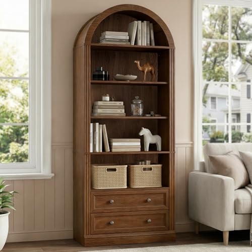 Farmhouse Arched Bookshelf, 7 Tiers Arch Bookcase with 2 Spacious Drawers, view 7