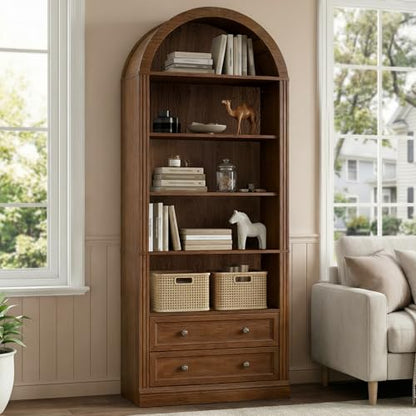 Farmhouse Arched Bookshelf, 7 Tiers Arch Bookcase with 2 Spacious Drawers, view 7