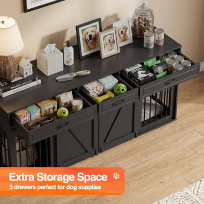 71" Double Dog Crate Furniture with 3 Drawers, view 6