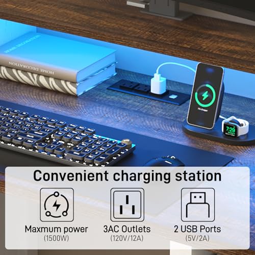 59" Farmhouse Computer Desk with 4 File Drawer & Power Outlet & Led Lights, view 6