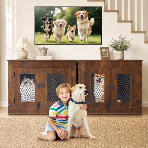 Wooden Dog Crate Furniture End Table with Metal Mesh, Rustic Brown, view 8