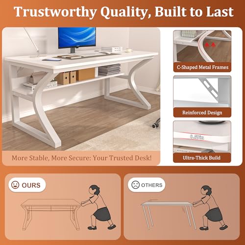 Computer Desk, 55x24 in Computer Desk, Office Desk w/Storage & U-Size Metal Frame for Home Office Bedroom Gaming, Office Desk w/Water-Resistant, Scratchproof Surface, White