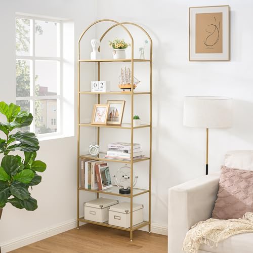 6-Tier Tall Gold Bookshelf, Arched Bookcase with Glass Shelves, view 2