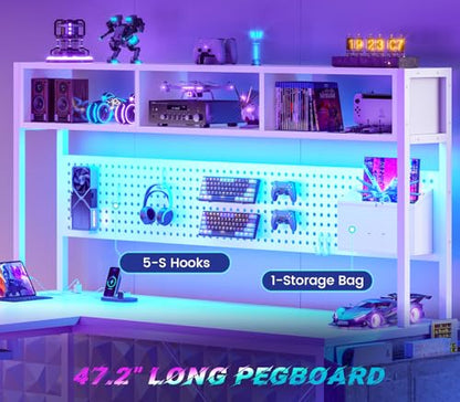 White L Shaped Gaming Desk with Hutch, Power Outlet and Pegboard, view 5
