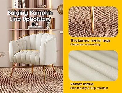 Oversized Pumpkin Couch Accent Chair, Modern Comfy Velvet Upholstered Barrel Chairs, Luxury Single Sofa Armchair for Living Room, Waiting Room, Office and Vanity, (Beige)