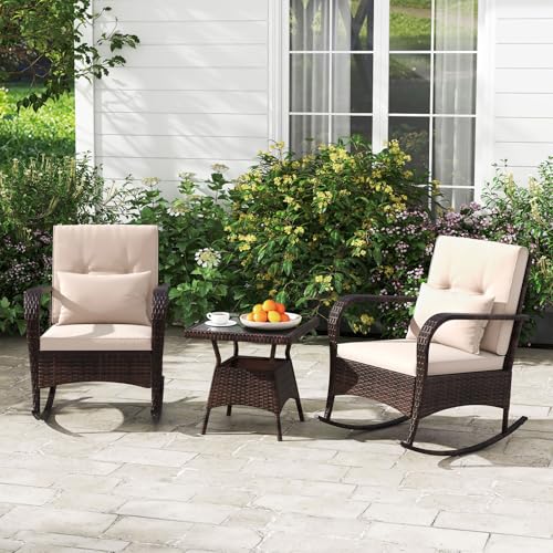 3 Pieces Patio Furniture Set, Outdoor Wicker Rocking Chairs with Cushions, Pillows, Glass Coffee Table, Rattan Bistro Rocker Set for Balcony Front Porch Poolside Garden Deck Yard (Beige)