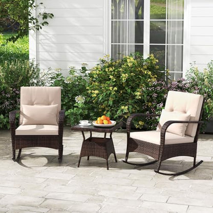 3 Pieces Patio Furniture Set, Outdoor Wicker Rocking Chairs with Cushions, Pillows, Glass Coffee Table, Rattan Bistro Rocker Set for Balcony Front Porch Poolside Garden Deck Yard (Beige)