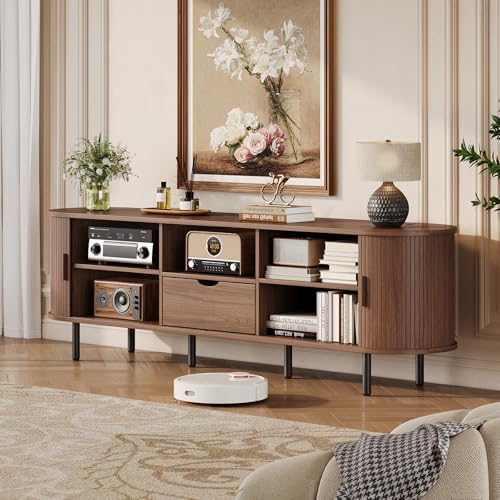 69" TV Stand with Power Outlet for TVs up to 75 Inch, Fluted Media Console | Mid-Century Modern Walnut Entertainment Center with Storage Drawer, Sliding Door and Adjustable Shelves for Living Room