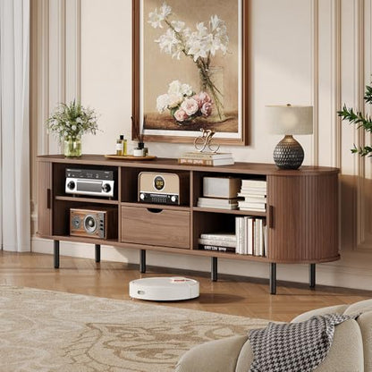 69" TV Stand with Power Outlet for TVs up to 75 Inch, Fluted Media Console | Mid-Century Modern Walnut Entertainment Center with Storage Drawer, Sliding Door and Adjustable Shelves for Living Room