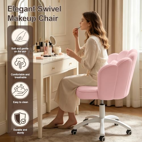 Petal Desk Chair with Bow Cushion Velvet Vanity Chair with Wheels, Upholstered Home Office Chair for Girls Women, Mid-Back Swivel Computer Task Chairs for Living Room Bedroom, Light Pink