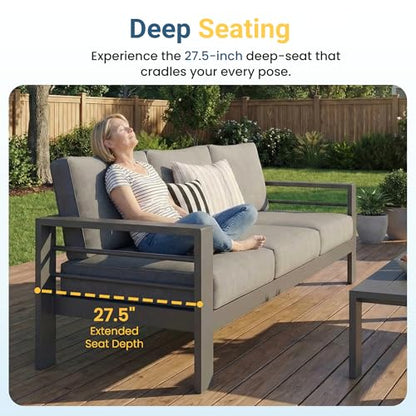 Aluminum Outdoor Patio Furniture Set, Oversized Patio Conversation Sets with Deep Seating and Wide Armrest, Outdoor Sectional Metal Sofa with 5 Inch Cushion and Coffee Table, Dark Grey