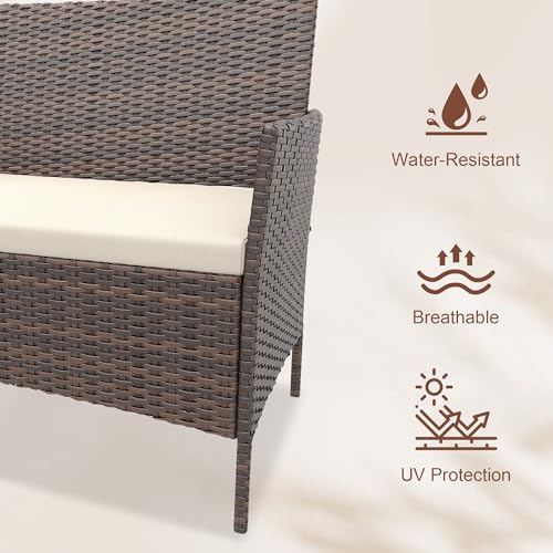 4-Piece Patio Furniture Set, Rattan Outdoor Furniture with Upholstered Sofa, 2 Chairs & Coffee Table, Modern Conversation Bistro Set for Garden Backyard Porch (Brown and Beige)