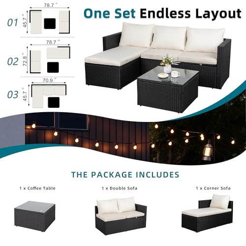 3 Piece Patio Furniture Set, Outdoor PE Rattan Sectional Sofa Set with Ottoman, Detachable Cushions and Glass Coffee Table, Patio Conversation Set for Backyard Balcony Porch, Black/White