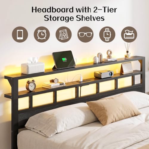 King Size Bed Frame with Charging Station and LED, view 5