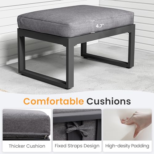 2 Pieces Aluminum Outdoor Patio Ottoman Set, Outdoor Foot Stools with Thick Cushion, Small Seat Furniture for Porch Balcony Backyard, Grey