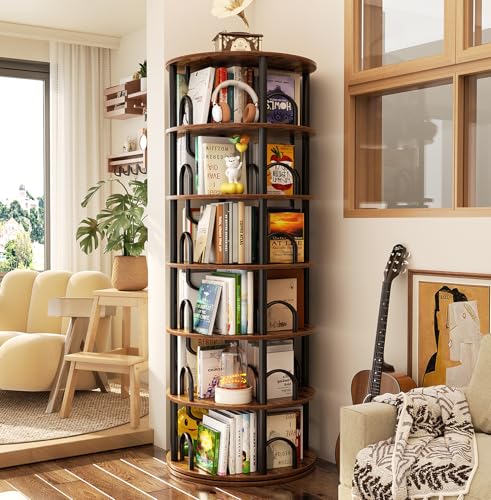 6 Tier Rotating Bookshelf Tower, Revolving Bookcase, Rustic Brown, view 2