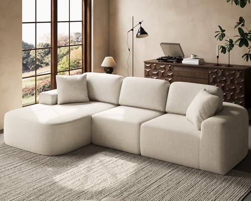 107'' Modular Sectional Sofa Couch with Chaise, No Assembly Required, Modern Bouclé-Inspired Upholstery, Convertible L-Shaped Design for Living Room – Ivory Beige
