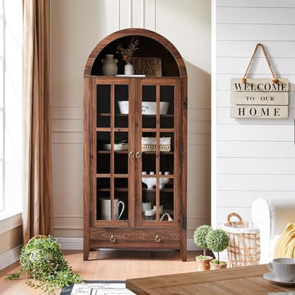 71" Tall Arched Cabinet Bookshelf with Glass Door & Storage Drawer, view 2