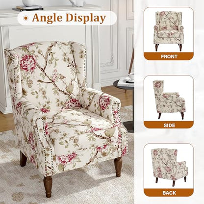 Floral Wingback Accent Chair, High Back Upholstered Armchair, Comfy Fabric Wingback Arms Chairs with Solid Wood Legs, Single Sofa Reading Chair for Bedroom Living Room, Beige