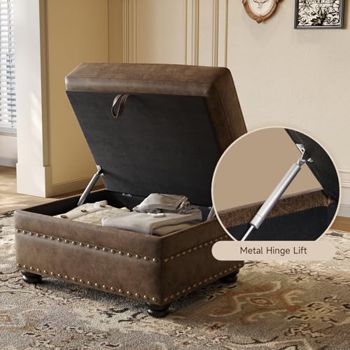Faux Leather Ottoman with Storage, Rectangle Ottoman Coffee Table with Nailhead Trim, Solid Wood Legs, Oversized Upholstered Footrest Stool for Living Room, Bedroom, Apartment, Brown