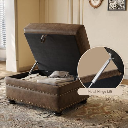 Faux Leather Ottoman with Storage, Rectangle Ottoman Coffee Table with Nailhead Trim, Solid Wood Legs, Oversized Upholstered Footrest Stool for Living Room, Bedroom, Apartment, Brown