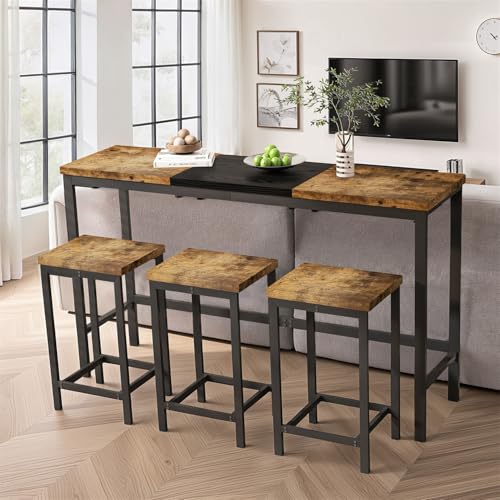 4-Piece Dining Table Set, 60.2" L Wood Dining Table with 3 Stools and Metal Frame for Kitchen Dining Room, Convenient Hanging Stool Design, Natural+Black