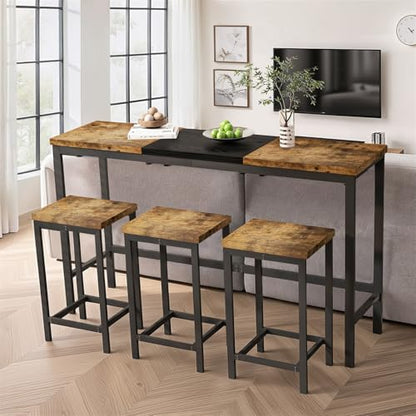 4-Piece Dining Table Set, 60.2" L Wood Dining Table with 3 Stools and Metal Frame for Kitchen Dining Room, Convenient Hanging Stool Design, Natural+Black