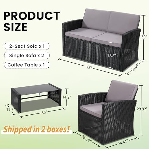 4-Piece Patio Furniture Set, Wicker Outdoor Rattan Sectional Sofa with Cushions and Glass Table, All-Weather Outdoor Conversation Set for Garden, Porch, Backyard, Patio, Black and Grey