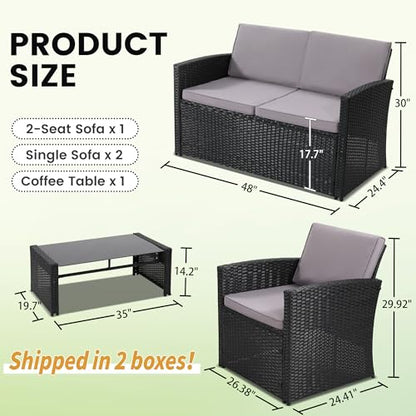 4-Piece Patio Furniture Set, Wicker Outdoor Rattan Sectional Sofa with Cushions and Glass Table, All-Weather Outdoor Conversation Set for Garden, Porch, Backyard, Patio, Black and Grey