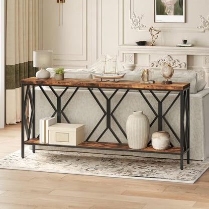 70.9'' Extra Long Console Table, Industrial Sofa Table Behind Couch, 2 Tier Narrow Entryway Table with Storage Shelf, for Living Room, Rustic Brown and Black CTHR18301