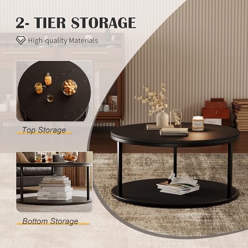 36" Coffee Tables with Storage, 2-Tier Round Coffee Table, Center Table for Living Room, Furniture for Small Spaces, Black