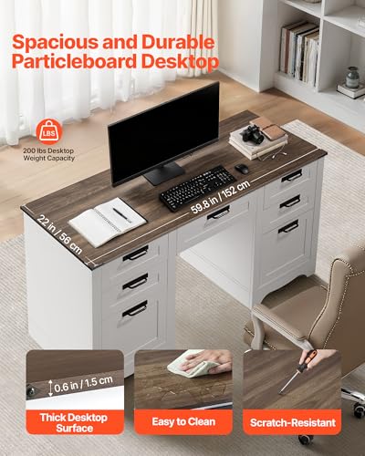 60" Executive Desk with Drawers, Farmhouse Home Office Desk with Charge Station, view 7