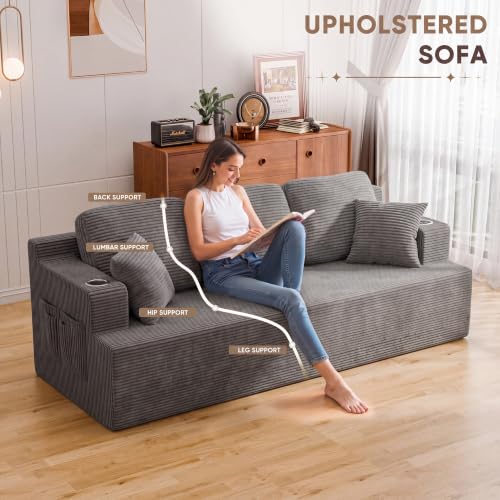 87” Boneless Sofa Couch with 2 Pillows Extra Deep Seats, Corduroy Fabric 3 Seater Sofa for Living Room with Cup Holder & Storage Pocket Upholstered Floor Sofa Easy Installation (Grey, 3 Seater)