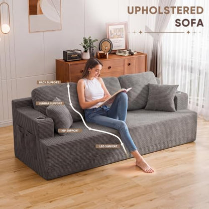 87” Boneless Sofa Couch with 2 Pillows Extra Deep Seats, Corduroy Fabric 3 Seater Sofa for Living Room with Cup Holder & Storage Pocket Upholstered Floor Sofa Easy Installation (Grey, 3 Seater)