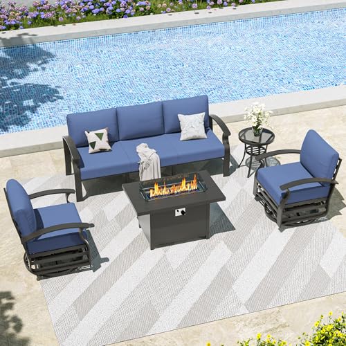 Aluminum Patio Furniture Set,5 Piece Modern Metal Outdoor Patio Furniture w/5.1'' Thick Cushion,Swivel Chairs and 45" Propane Fire Pit Table,Patio Conversation Sets for Porch,Deck,NavyBlue