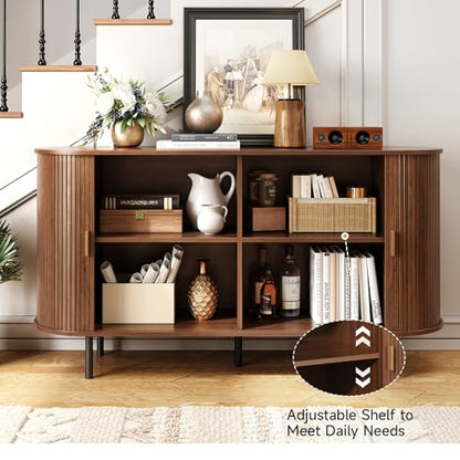 55" Sideboard Buffet Cabinet with Storage, Sliding Door & Adjustable Shelf, Modern Accent Coffee Bar Console Table for Kitchen, Entryway, Walnut