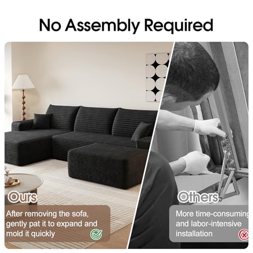 107" Comfy U-Shaped Sectional Modern Boneless Corduroy Couch with Chaise ‌and Ottoman‌ - No Assembly Required! Deep-Seat, Upholstered Modular Cloud Sofa for Living Room, Plush Corduroy Fabric(Black)