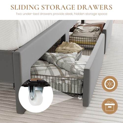 Velvet Queen Bed Frame with Vertical Channel Tufted Wingback Headboard & 2 Storage Drawers/2-Tier Shelves with LED Lights & Charging Station/Noise-Free/No Box Spring Needed/Light Grey