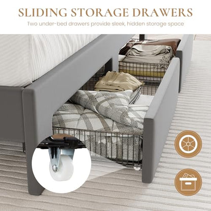 Velvet Queen Bed Frame with Vertical Channel Tufted Wingback Headboard & 2 Storage Drawers/2-Tier Shelves with LED Lights & Charging Station/Noise-Free/No Box Spring Needed/Light Grey