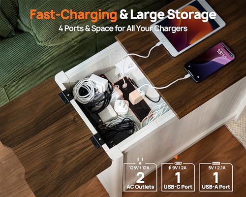 Farmhouse End Table with Charging Station, USB-C, Narrow Side Table with Storage Cabinet and Deep Drawer, Small Nightstand with Hidden USB Ports and Outlets for Living Room, Bedroom, Office, White
