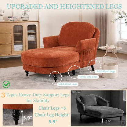 59.8” Chaise Lounge Chair Indoor, Oversized Reading Armchair, Orange, view 7