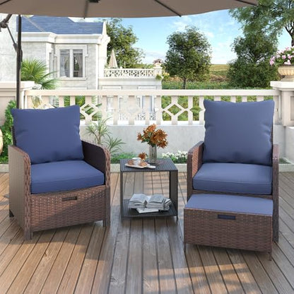 Balcony Furniture Patio Chairs with Hidden Ottoman 5 Piece Patio Furniture Set with Side Table for Front Porch, Blue Cushion